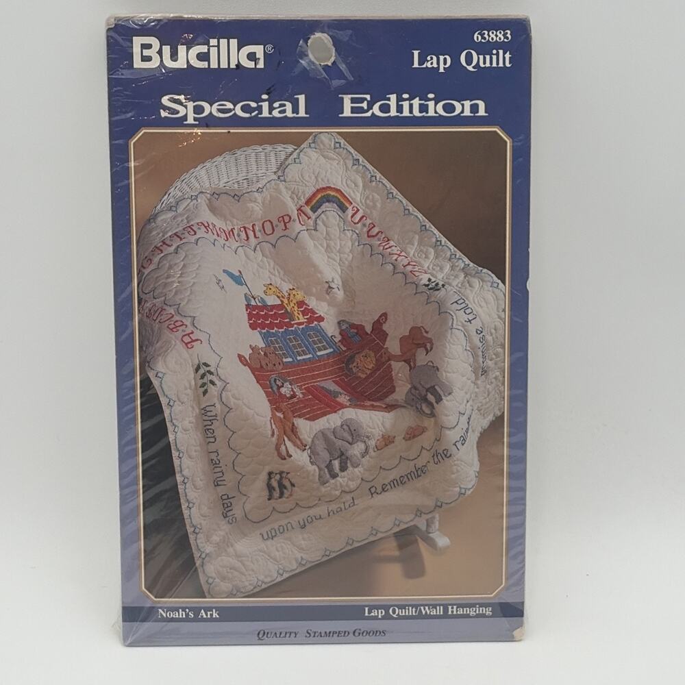 1993 Bucilla Noahs Ark Stamped Lap Quilt Top wall hanging Baby NEW 63883 VTG